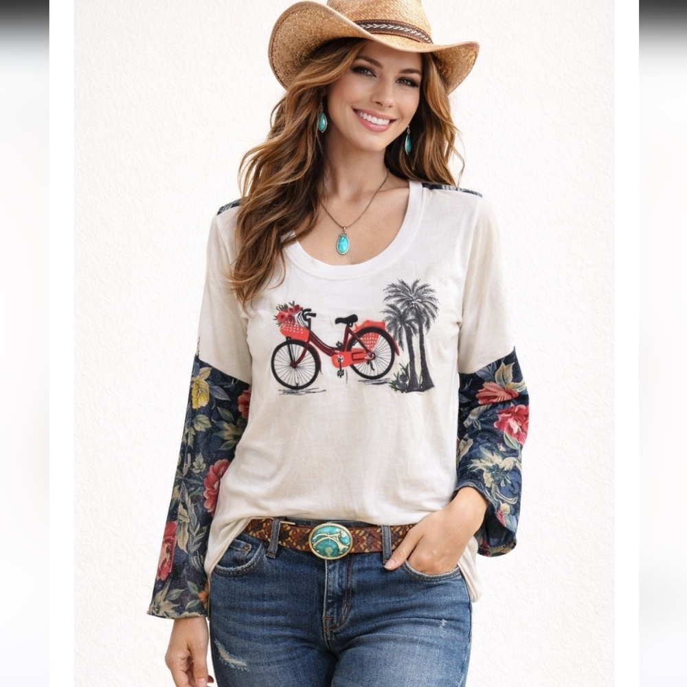 Avani Del Amour Floral Bicycle Embroidery Top Medium Boho Cottagecore White
